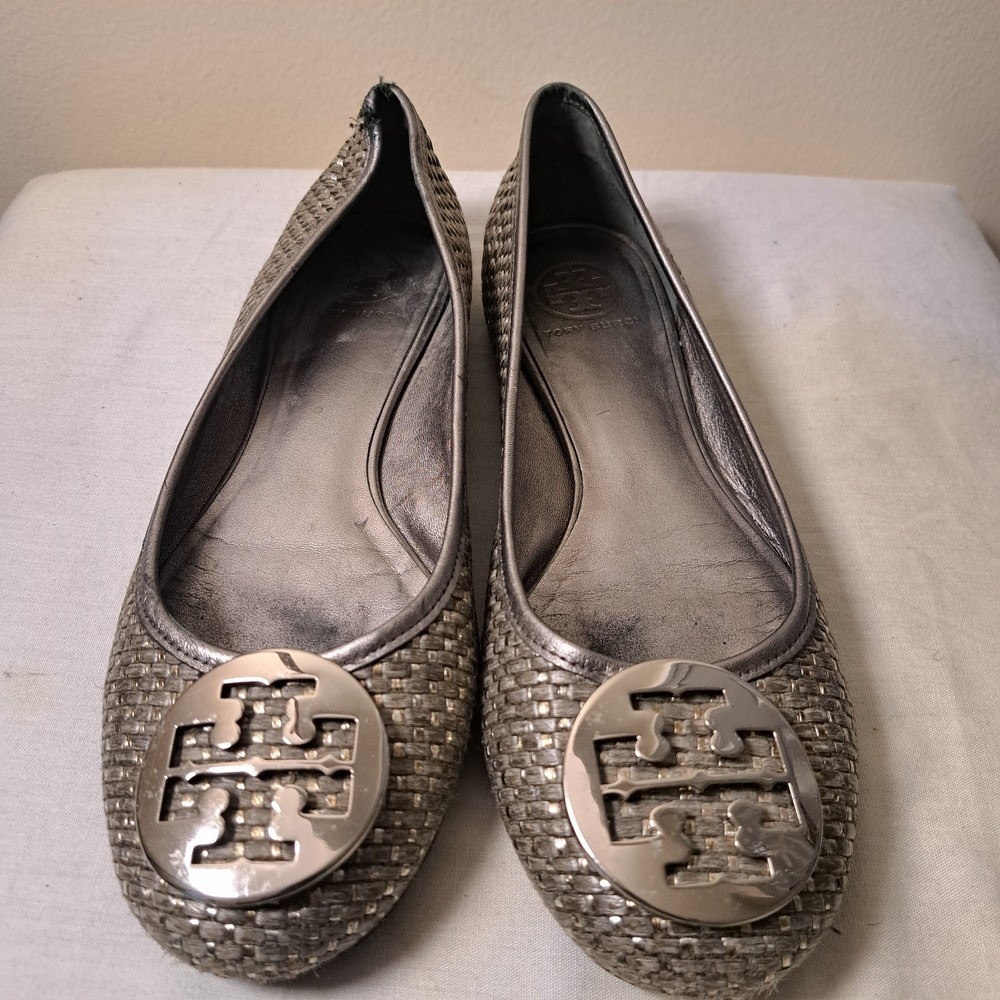 Tory Burch Reva Ballet Flats Woven Metallic Pewter Silver Logo Medallion Shoes